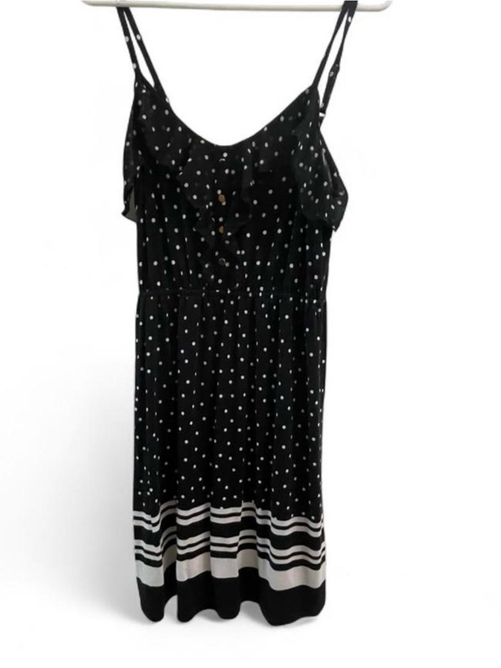Elle Black Polka Dot Midi Dress with White Stripe Hem